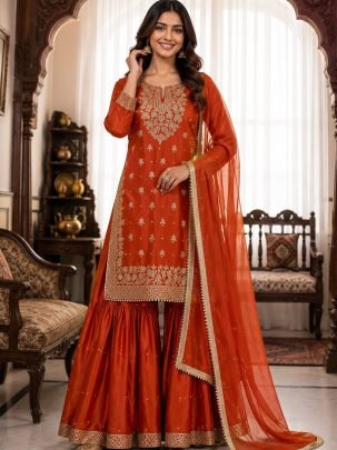 Embroidery  Work Orange Colour Sharara Suit