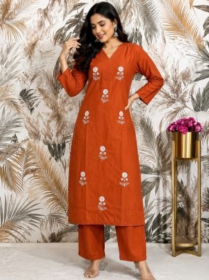 Embroidery Work Orange Colour Co Ord Set