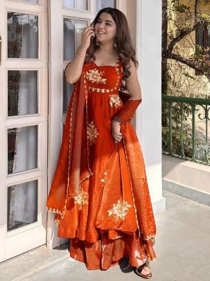 Embroidery Work  Orange  Colour Anarkali Suit