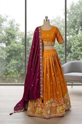 Embroidery  Work Orange Colour Lehenga