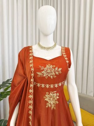 Embroidery Work  Orange  Colour Anarkali Suit