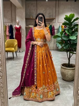 Embroidery  Work Orange Colour Lehenga