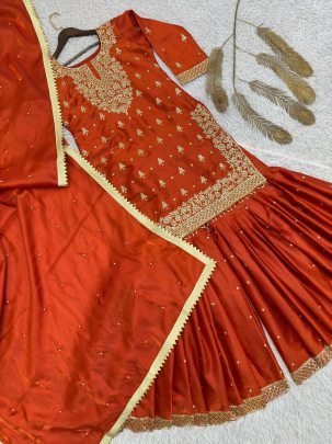 Embroidery  Work Orange Colour Sharara Suit