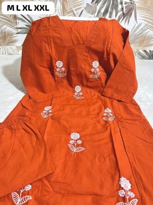 Embroidery Work Orange Colour Co Ord Set