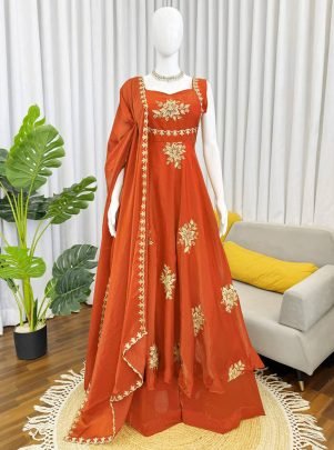 Embroidery Work  Orange  Colour Anarkali Suit