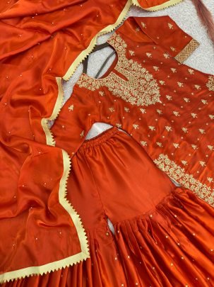 Embroidery  Work Orange Colour Sharara Suit