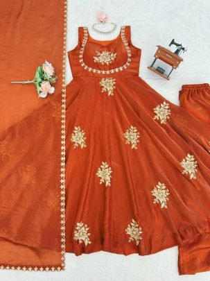 Embroidery Work  Orange  Colour Anarkali Suit