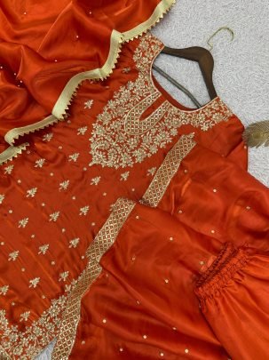 Embroidery  Work Orange Colour Sharara Suit