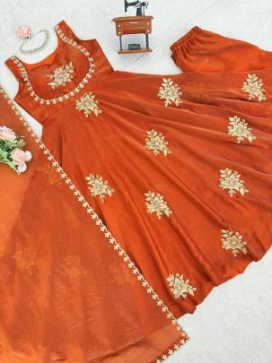 Embroidery Work  Orange  Colour Anarkali Suit