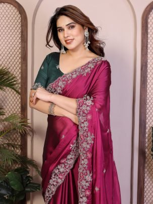 Embroidery Work  Pink Colour Saree