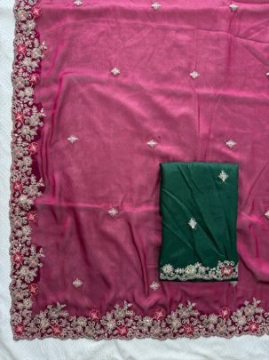 Embroidery Work  Pink Colour Saree