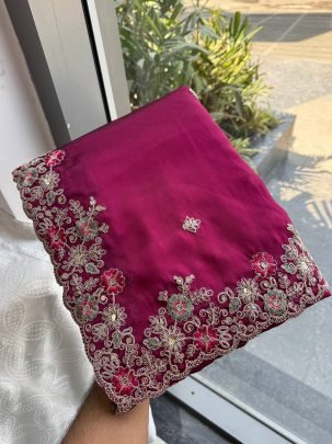 Embroidery Work  Pink Colour Saree