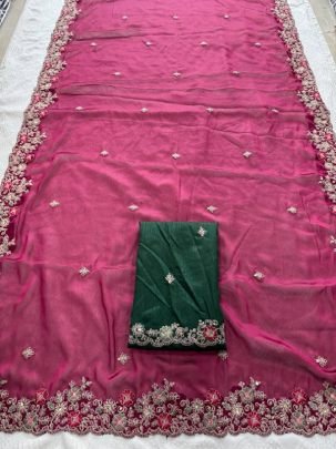 Embroidery Work  Pink Colour Saree