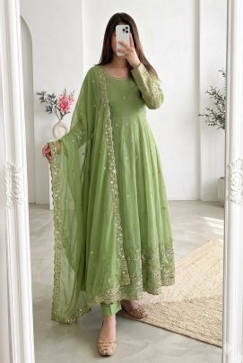 Embroidery  Work Pista  Colour Anarkali Suit