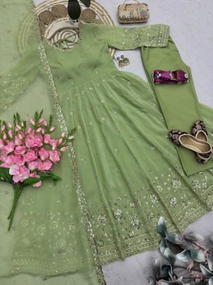 Embroidery  Work Pista  Colour Anarkali Suit