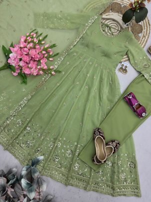 Embroidery  Work Pista  Colour Anarkali Suit