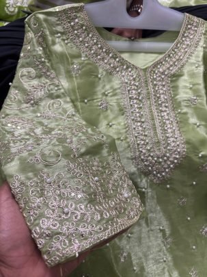 Embroidery   Work  Pista Colour Palazzo Suit