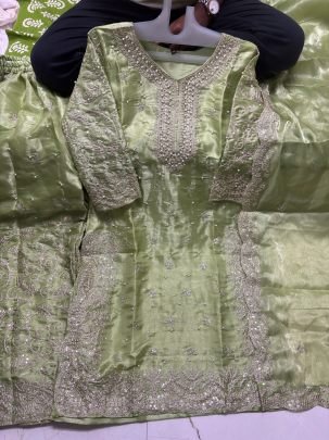 Embroidery   Work  Pista Colour Palazzo Suit