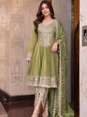 Embroidery  Work Pista Colour Ready Made Suit