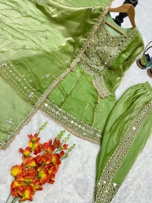 Embroidery  Work Pista Colour Ready Made Suit