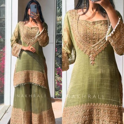 Embroidery  Work Pista  Colour Palazzo Suit