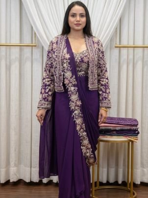 Embroidery Work Purple Colour Ready To Wear Saree
