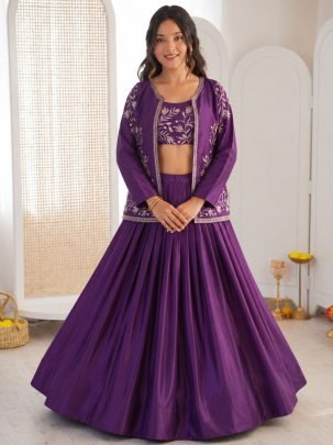 Embroidery Work Purple Colour Lehenga Choli With Jacket