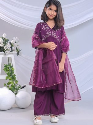 Embroidery Work  Purple Colour  Kids Sharara Suit