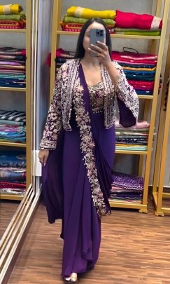 Embroidery Work Purple Colour Ready To Wear Saree