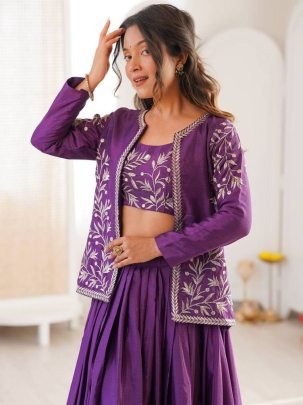 Embroidery Work Purple Colour Lehenga Choli With Jacket