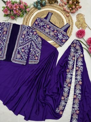 Embroidery Work Purple Colour Ready To Wear Saree