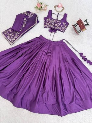Embroidery Work Purple Colour Lehenga Choli With Jacket