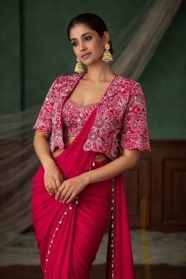 Embroidery  Work Rani Pink Colour  Saree With Jacket