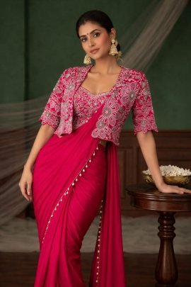 Embroidery  Work Rani Pink Colour  Saree With Jacket