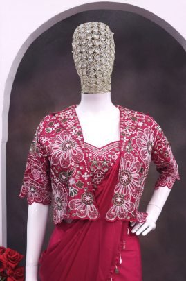 Embroidery  Work Rani Pink Colour  Saree With Jacket