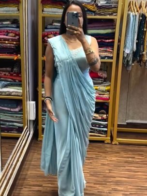 Embroidery Work Sky Blue Colour  Ready To Wear Saree