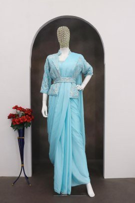 Embroidery Work Sky Blue Colour  Ready To Wear Saree