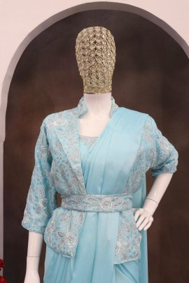 Embroidery Work Sky Blue Colour  Ready To Wear Saree
