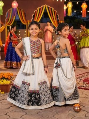 Embroidery  Work  White  Colour Kids Lehenga