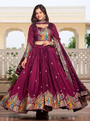  Embroidery Work Wine Colour  Lehnga Choli