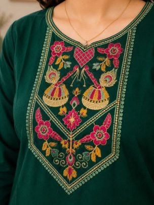 Green Cotton Casual Wear Kurti Pant Set
