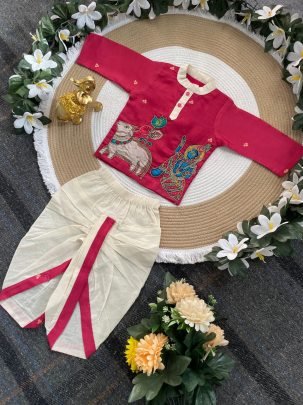 Ethnic Dark Pink Colour  Kids Kurta With Dhoti