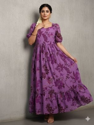 Exclusive Purple 3 Meter Flair Short Sleeve Summer Dress