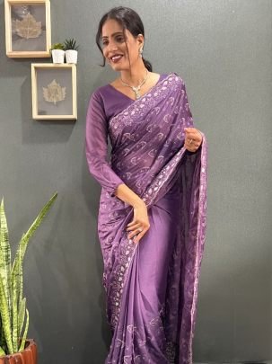 Exclusive Purple Georgette Silk Saree Paired With Matching Unstitched Blouse