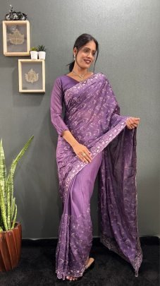 Exclusive Purple Georgette Silk Saree Paired With Matching Unstitched Blouse