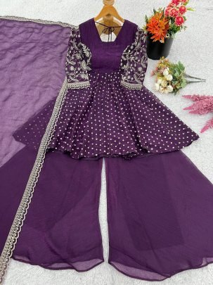 Exclusive Purple Silk Embroidered Kurti Palazzo With Dupatta