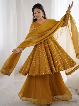 Exclusive Yellow Silk Embroidered Kurti Palazzo With Dupatta