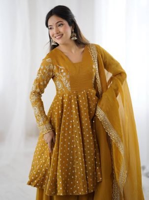 Exclusive Yellow Silk Embroidered Kurti Palazzo With Dupatta