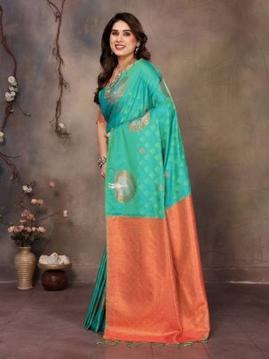 Fancy Banarasi Handloom Silk Green Saree With Matching Orange Blouse And Border