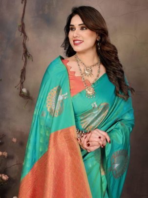 Fancy Banarasi Handloom Silk Green Saree With Matching Orange Blouse And Border